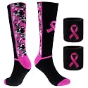 1 or 12 Pairs Breast Cancer Awareness Socks Bulk Set，Thick Camouflage Pink Ribbon Football Socks for Events