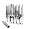1/2-20 6 Inch Tall Chrome Spike Lug Nuts, Set of 24 Conical Bulge Seat Closed End Spiked Lug Nuts with 1 Socket Key for Aftermarket Wheel