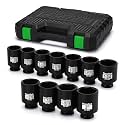 TecoTek 1/2" Drive Deep 6-Point Impact Socket Set, 11-Piece Standard SAE Spindle Axle Nut Impact Socket Set, Cr-Mo, 1-3/8-Inch to 2-Inch Size