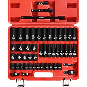 1234 drive impact socket set 49 piece standard and deep metric socket 9-25mm 27 30 32mm includes extension bars universal joint and adapter 6 point designcr-v steel