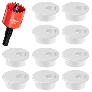 1-38 in hole saw with 10pcs white desk grommet - cable management kit for tv office and home table - hide wires behind wall tv wall cable pass through desk cable hole covers