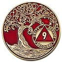 1 to 50 Year Twisted Tree of Life Sobriety Coin - Gold Plated AA Chips &amp; Medallions - 9 Year Sobriety Coin - Red