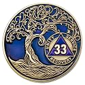 1 to 50 Year Twisted Tree of Life Sobriety Coin - Gold Plated AA Chips &amp; Medallions - 33 Year Sobriety Coin - Translucent Blue