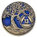 1 to 50 Year Twisted Tree of Life Sobriety Coin - Gold Plated AA Chips &amp; Medallions - 13 Year Sobriety Coin - Translucent Blue