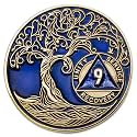 1 to 50 Year Twisted Tree of Life Sobriety Coin - Gold Plated AA Chips &amp; Medallions - 9 Year Sobriety Coin - Translucent Blue