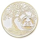 1 to 50 Year Twisted Tree of Life Sobriety Coin - Gold Plated AA Chips &amp; Medallions - 25 Year Sobriety Coin - White