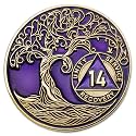 1 to 50 Year Twisted Tree of Life Sobriety Coin - Gold Plated AA Chips &amp; Medallions - 14 Year Sobriety Coin - Purple