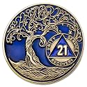 1 to 50 Year Twisted Tree of Life Sobriety Coin - Gold Plated AA Chips &amp; Medallions - 21 Year Sobriety Coin - Translucent Blue