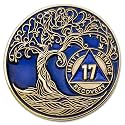 1 to 50 Year Twisted Tree of Life Sobriety Coin - Gold Plated AA Chips &amp; Medallions - 17 Year Sobriety Coin - Translucent Blue