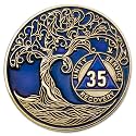 1 to 50 Year Twisted Tree of Life Sobriety Coin - Gold Plated AA Chips &amp; Medallions - 35 Year Sobriety Coin - Translucent Blue