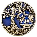 1 to 50 Year Twisted Tree of Life Sobriety Coin - Gold Plated AA Chips &amp; Medallions - 39 Year Sobriety Coin - Translucent Blue