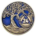 1 to 50 Year Twisted Tree of Life Sobriety Coin - Gold Plated AA Chips &amp; Medallions - 24 Year Sobriety Coin - Translucent Blue