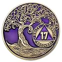 1 to 50 Year Twisted Tree of Life Sobriety Coin - Gold Plated AA Chips &amp; Medallions - 17 Year Sobriety Coin - Purple