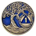1 to 50 Year Twisted Tree of Life Sobriety Coin - Gold Plated AA Chips &amp; Medallions - 1 Year Sobriety Coin - Translucent Blue