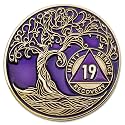 1 to 50 Year Twisted Tree of Life Sobriety Coin - Gold Plated AA Chips &amp; Medallions - 19 Year Sobriety Coin - Purple