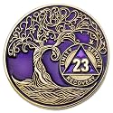 1 to 50 Year Twisted Tree of Life Sobriety Coin - Gold Plated AA Chips &amp; Medallions - 23 Year Sobriety Coin - Purple