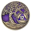 1 to 50 Year Twisted Tree of Life Sobriety Coin - Gold Plated AA Chips &amp; Medallions - 12 Year Sobriety Coin - Purple