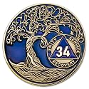 1 to 50 Year Twisted Tree of Life Sobriety Coin - Gold Plated AA Chips &amp; Medallions - 34 Year Sobriety Coin - Translucent Blue