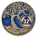 1 to 50 Year Twisted Tree of Life Sobriety Coin - Gold Plated AA Chips &amp; Medallions - 32 Year Sobriety Coin - Translucent Blue