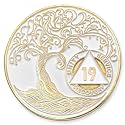 1 to 50 Year Twisted Tree of Life Sobriety Coin - Gold Plated AA Chips &amp; Medallions - 19 Year Sobriety Coin - White