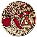 1 to 50 Year Twisted Tree of Life Sobriety Coin - Gold Plated AA Chips &amp; Medallions - 16 Year Sobriety Coin - Red