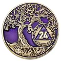 1 to 50 Year Twisted Tree of Life Sobriety Coin - Gold Plated AA Chips &amp; Medallions - 24 Year Sobriety Coin - Purple