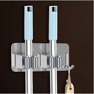 1 pcs self adhesive stainless steel 2 rack with 1 hook heavy duty broom and mop wiper stick holder for home kitchen garden amp laundary silver