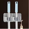 1 PCS Self Adhesive Stainless Steel 2 Rack with 1 Hook Heavy Duty Broom and Mop Wiper Stick Holder for Home, Kitchen, Garden & Laundary (Silver)