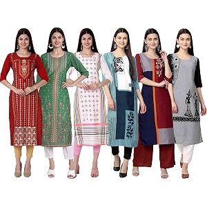 1 stop fashion women39s crape multicolor digital print straight kurtaskurtis pack of 6