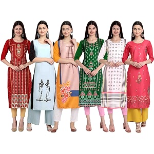 1 stop fashion women39s crape multicolor digital print straight kurtaskurtis pack of 6
