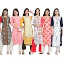 1 Stop Fashion Women's Crape Multicolor Digital Print Straight Kurta/Kurti (Pack of 6)