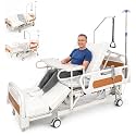 10-in-1 Full Electric Hospital Beds for Home Use, Height Adjustable Medical Bed with Mattress, Auto Left & Right Turning, Built-in Commode, IV Pole, Overbed Table, Electric Nursing Bed for Elderly