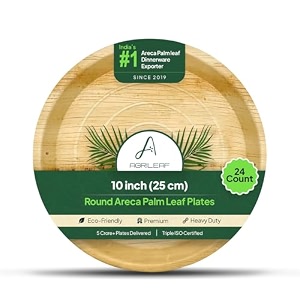 1034 round areca palm leaf plates 24-pack  better than paper amp bagasse  eco friendly compostable microwave amp freezer safe  strong amp sturdy  use amp throw  parties events weddings