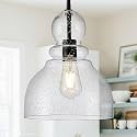 10" Seeded Glass Pendant Lights Kitchen Island Black Pendant Ceiling Light with Hand-Blown Clear Glass Over Dining Table Kitchen Sink Entryway Hallway, E26