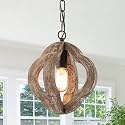 10" Small Farmhouse Wood Oak Pendant Light for Kitchen Island Over Sink
