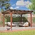 10' x 13' Wooden Pergola with Sloping Metal Roof, Heavy Duty Fir Wood Frame Patio Gazebo, Wind-Resistant UV & Rain Protection Outdoor Shelter for Garden, Backyard, BBQ or Deck