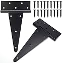 10 Inch T-Strap Gate Hinges, Heavy Duty Shed Door Hinges, Black Tee Hinges for Wooden Fences, Yard Gates, Rustproof Wrought Iron Hardware, 2 Pack