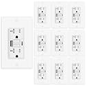 10 Pack 20A GFCI Outlet with USB A&amp;C Ports, Self-Test TR White