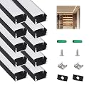 10-Pack 3.3ft/1m U-Shape LED Aluminum Channel with Milky White Cover, Black LED Strip Light Track, High Transmittance Diffuser for Under Cabinet, Shelf, Stairs, fits 12mm Wide Strips