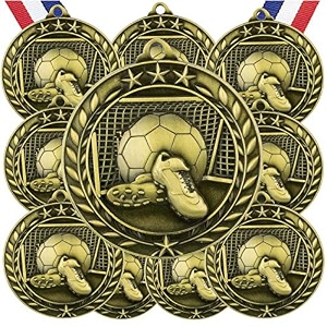 10 pack soccer gold medals trophy award with neck ribbons wamg-960