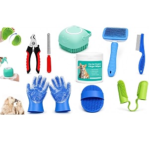 10 piece pet grooming kit for dogs amp cats  dog grooming supplies with slicker brush bath brush grooming gloves nail clipper nail file flea comb finger toothbrush amp ear cleaning wipes