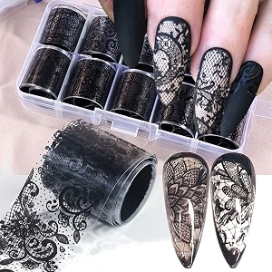 10 rolls retro holographic nail foil transfer stickers black lace laser foils nail art supplies starry paper designs for acrylic decorations women diy nail arts manicure wraps charms