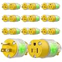 10 Sets Lighted Extension Cord Ends Replacement Plug 3 Prong 15A 125V NEMA 5-15P*NEMA 5-15R, Electrical Replacement Plug, Male and Female Extension Cord Ends, 15 Amp Plug, UL Listed,Yellow