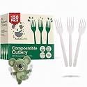 100% Compostable Forks 150 Large biodegradable Disposable Compostable Cutlery Silverware Utensils durable and heat resistant alternative to plastic forks with convenient tray by KOALALOVE