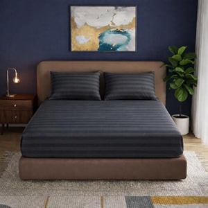 knight kavalier 100 cotton 400 tc sateen double fitted sheet set 72x7212 inch with 2 pillowcases  deep pocket all-round elastic  dark grey striped - soft breathable amp eco-friendly bedsheet