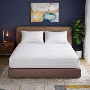 knight kavalier 100 cotton 400 tc sateen double fitted sheet set 72x7212 inch with 2 pillowcases  deep pocket all-round elastic  white striped - soft breathable amp eco-friendly bedsheet