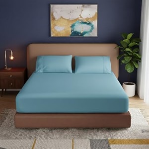 knight kavalier 100 cotton 400 tc sateen double fitted sheet set 72x7212 inch with 2 pillowcases  deep pocket all-round elastic  sky blue solid - soft breathable amp eco-friendly bedsheet