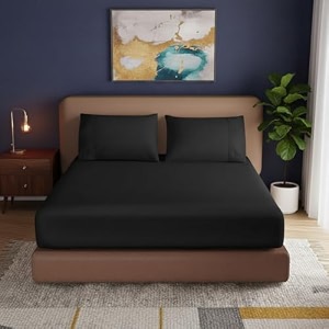 knight kavalier 100 cotton 400 tc sateen double fitted sheet set 72x7212 inch with 2 pillowcases  deep pocket all-round elastic  black solid - soft breathable amp eco-friendly bedsheet