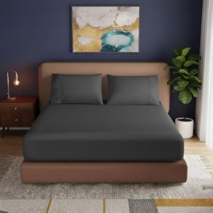 knight kavalier 100 cotton 400 tc sateen double fitted sheet set 72x7212 inch with 2 pillowcases  deep pocket all-round elastic  dark grey solid - soft breathable amp eco-friendly bedsheet