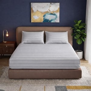 knight kavalier 100 cotton 400 tc sateen double fitted sheet set 72x7212 inch with 2 pillowcases  deep pocket all-round elastic  light grey striped - soft breathable amp eco-friendly bedsheet